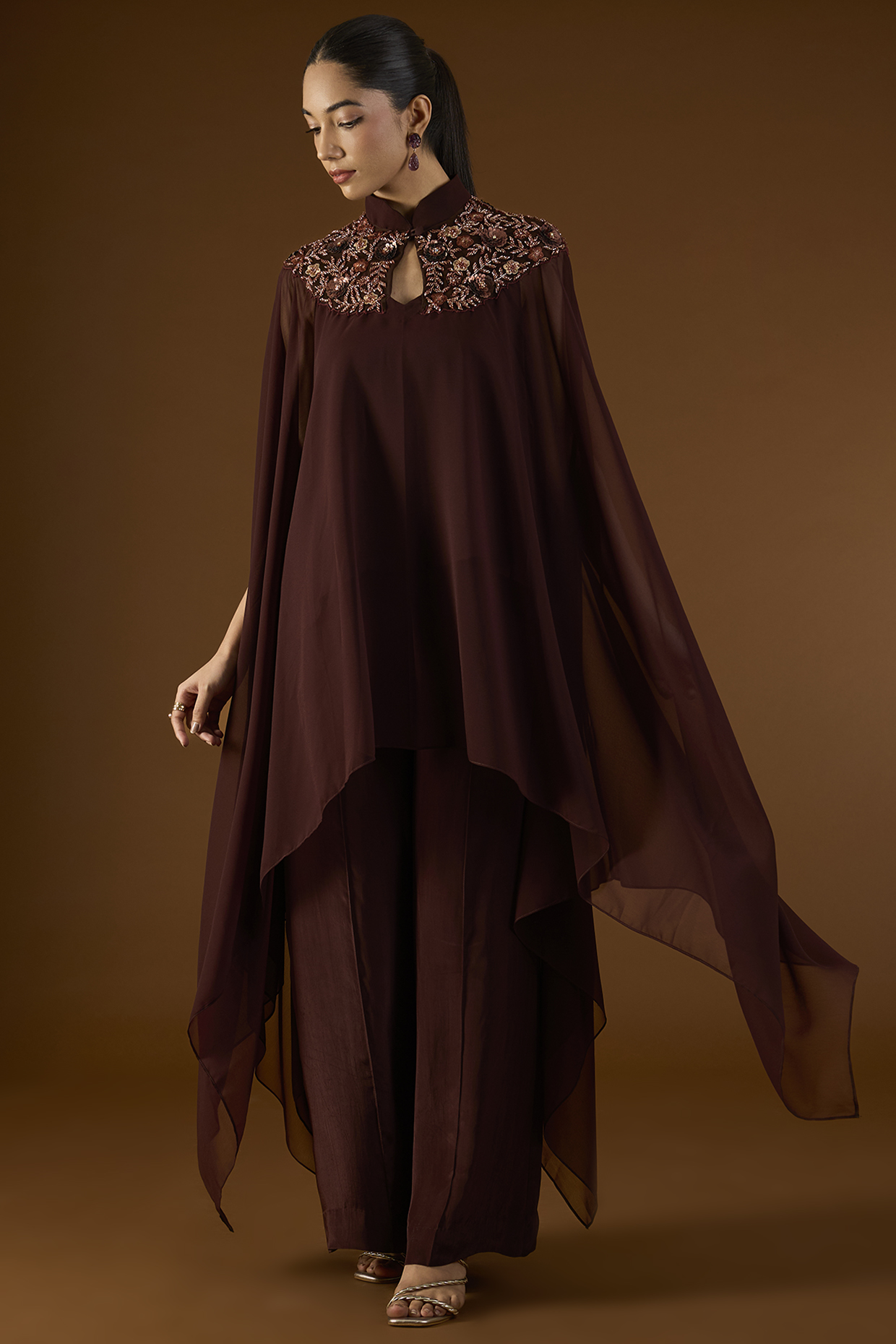 Bronze Brown Georgette Sequins Embroidered Kaftan Set by Yoshita Couture at Pernia's Pop Up Shop