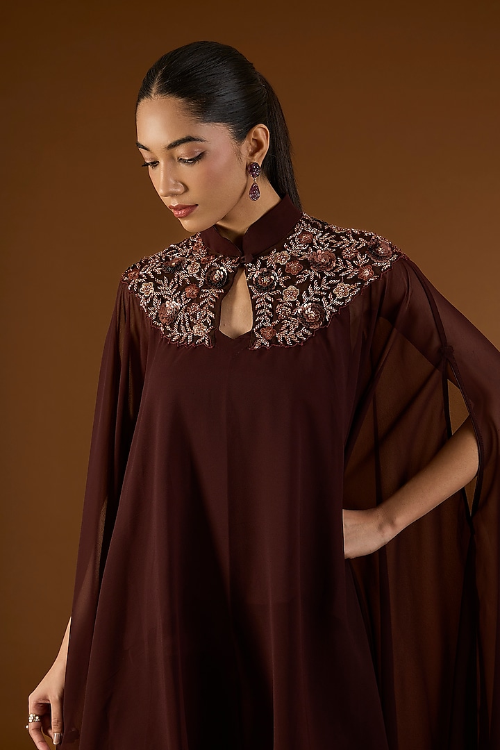 Bronze Brown Georgette Sequins Embroidered Kaftan Set by Yoshita Couture at Pernia's Pop Up Shop