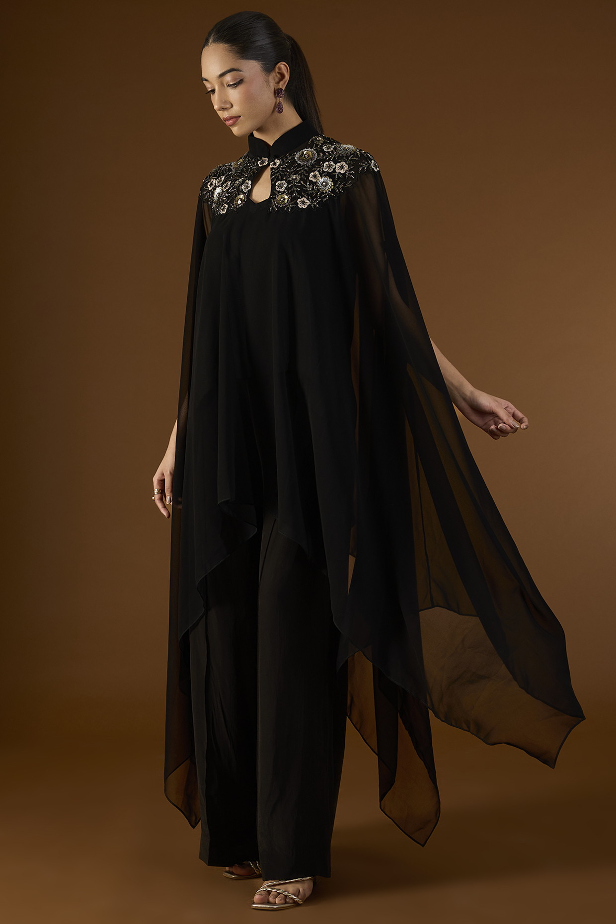 Black Georgette Sequins Embroidered Kaftan Set by Yoshita Couture at Pernia's Pop Up Shop