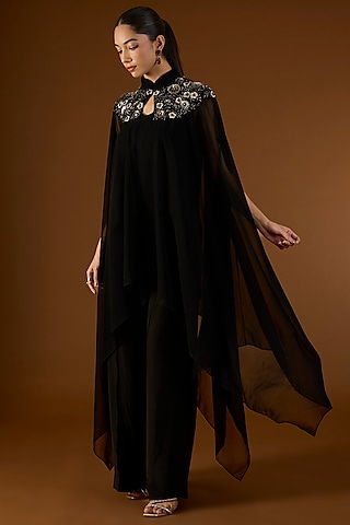 Black Georgette Sequins Embroidered Kaftan Set by Yoshita Couture