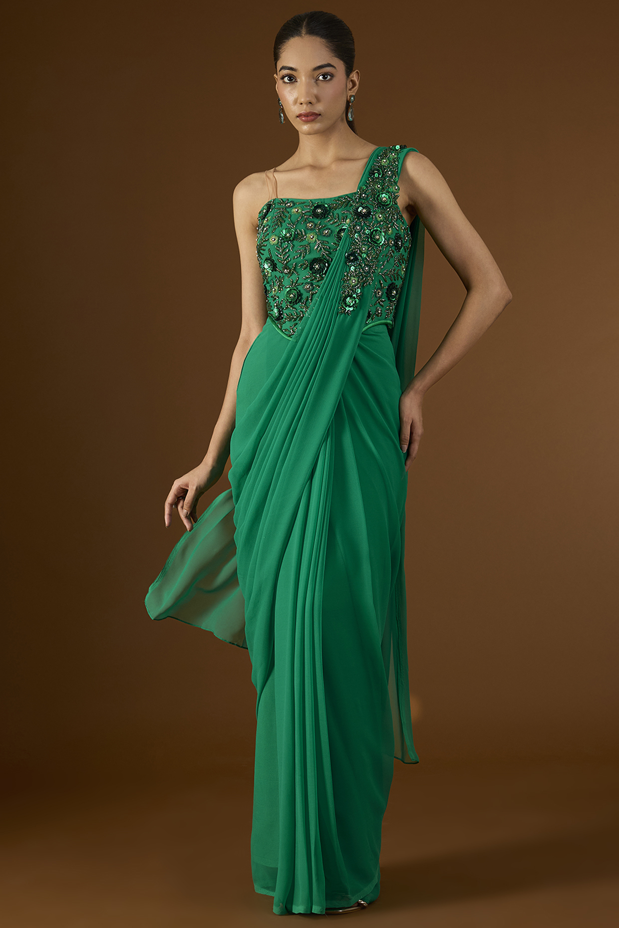 Green Georgette Pre-Draped Wedding Saree Set by Yoshita Couture at Pernia's Pop Up Shop