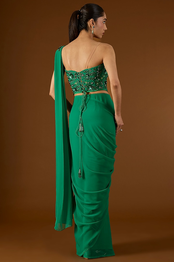 Green Georgette Pre-Draped Wedding Saree Set by Yoshita Couture at Pernia's Pop Up Shop