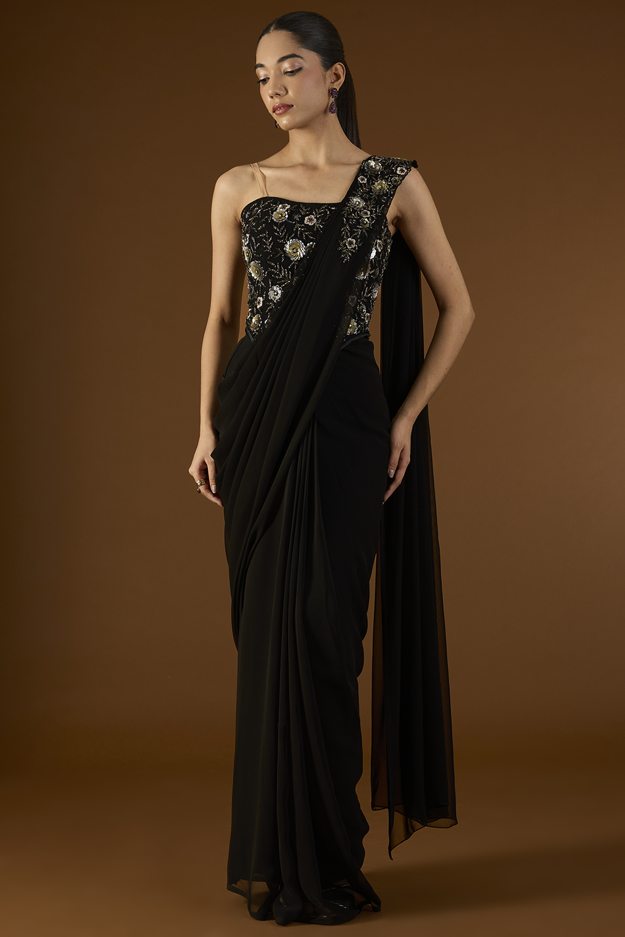 Black Georgette Pre-Draped Wedding Saree Set by Yoshita Couture at Pernia's Pop Up Shop