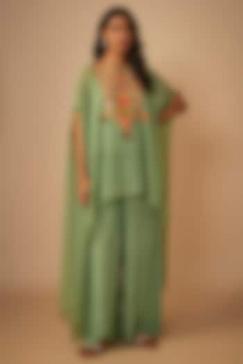 Mint Green Georgette Silk Thread Embroidered Kaftan Set by Yoshita Couture at Pernia's Pop Up Shop