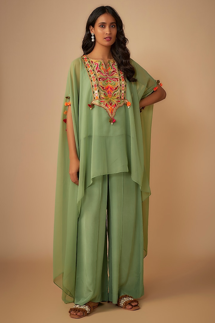 Mint Green Georgette Silk Thread Embroidered Kaftan Set by Yoshita Couture at Pernia's Pop Up Shop