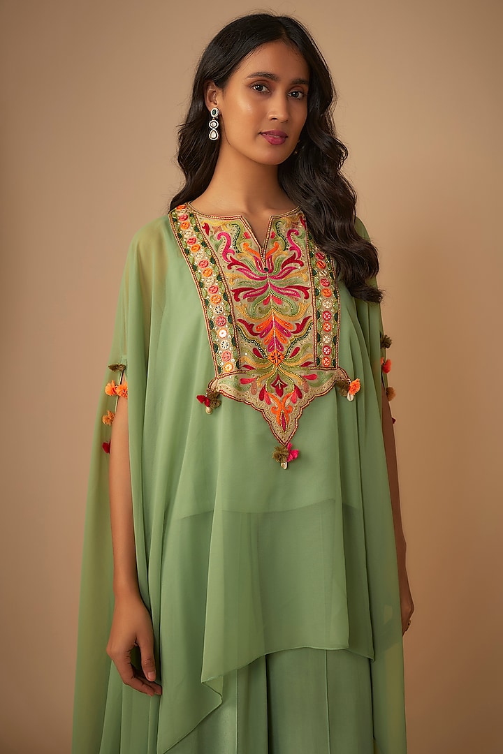 Mint Green Georgette Silk Thread Embroidered Kaftan Set by Yoshita Couture at Pernia's Pop Up Shop