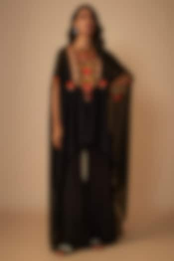 Black Georgette Silk Thread Embroidered Kaftan Set by Yoshita Couture at Pernia's Pop Up Shop