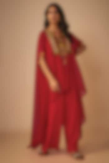 Red Georgette Silk Thread Embroidered Kaftan Set by Yoshita Couture at Pernia's Pop Up Shop