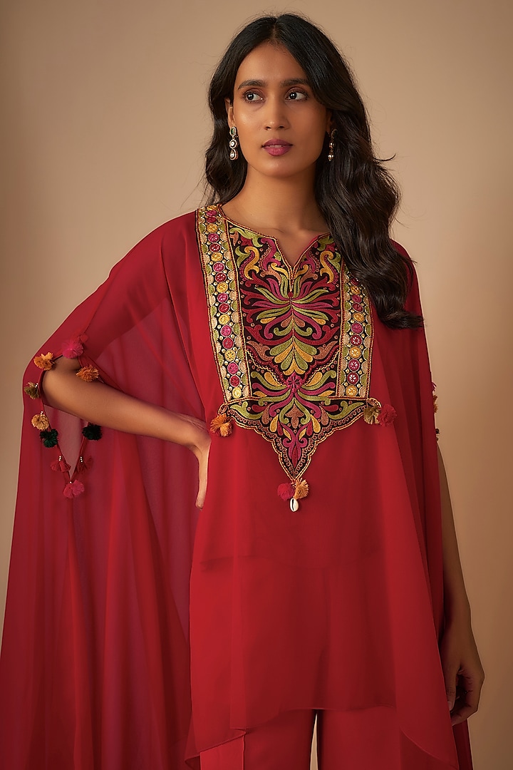 Red Georgette Silk Thread Embroidered Kaftan Set by Yoshita Couture at Pernia's Pop Up Shop