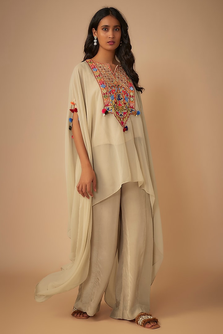 Beige Georgette Silk Thread Embroidered Kaftan Set by Yoshita Couture at Pernia's Pop Up Shop