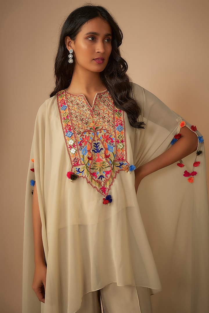 Beige Georgette Silk Thread Embroidered Kaftan Set by Yoshita Couture at Pernia's Pop Up Shop
