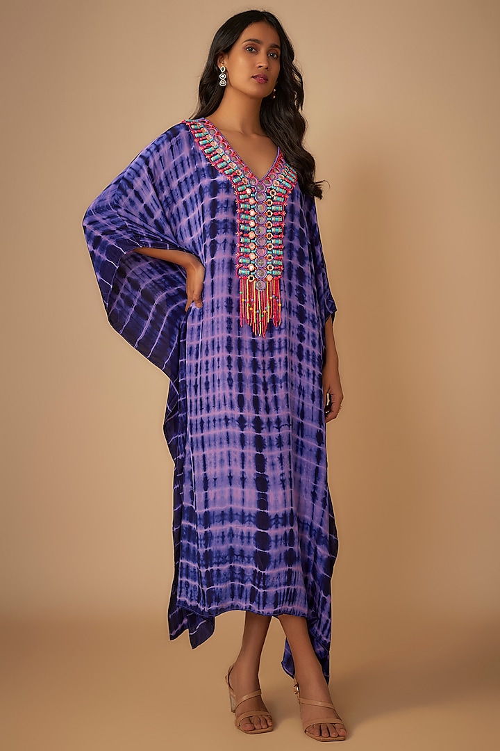 Purple Crepe Hand Embroidered & Tie-Dyed Kaftan by Yoshita Couture at Pernia's Pop Up Shop