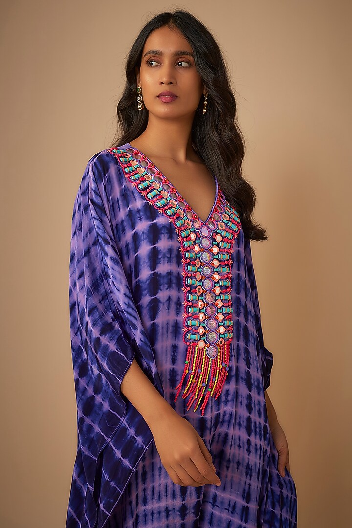 Purple Crepe Hand Embroidered & Tie-Dyed Kaftan by Yoshita Couture at Pernia's Pop Up Shop