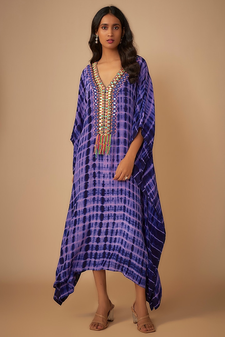 Purple Crepe Hand Embroidered & Tie-Dyed Kaftan by Yoshita Couture