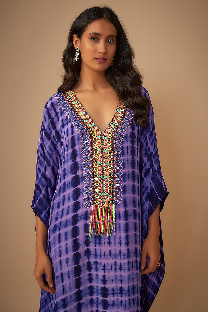 Purple Crepe Hand Embroidered & Tie-Dyed Kaftan by Yoshita Couture at Pernia's Pop Up Shop