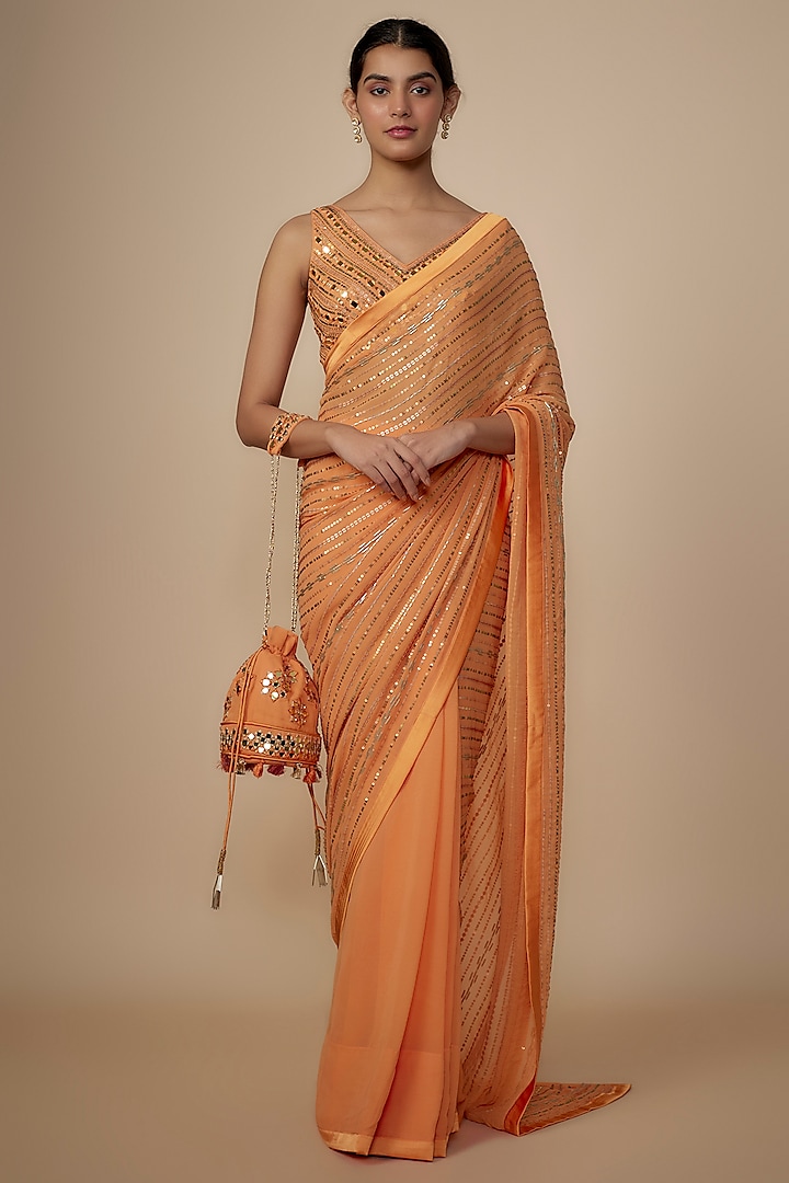 Light Orange Georgette Shantoon Satin Sequins Embroidered Saree Set by Yoshita Couture