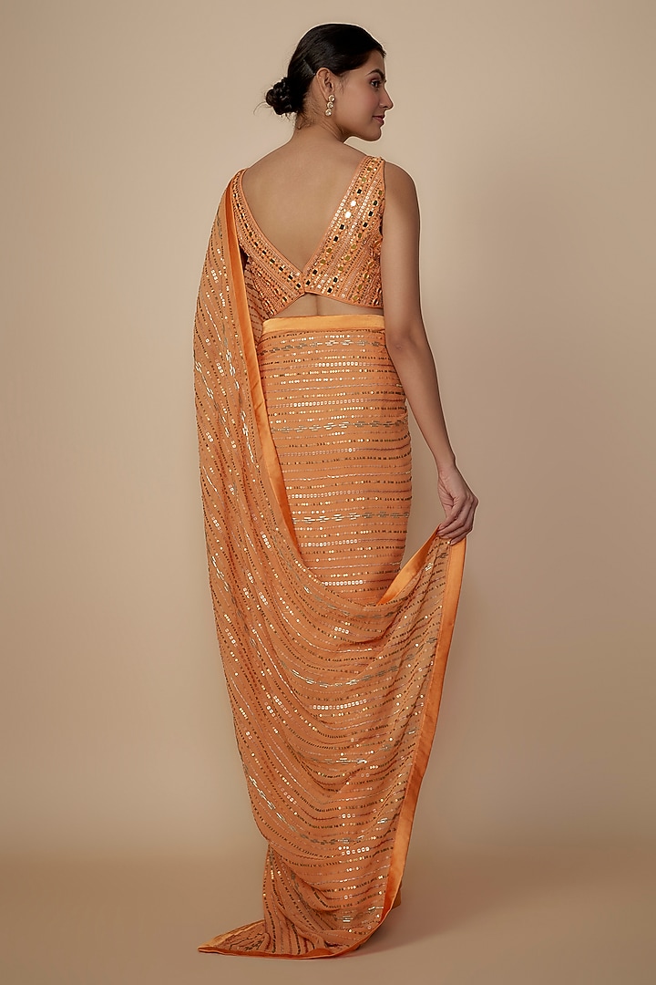 Light Orange Georgette Shantoon Satin Sequins Embroidered Wedding Saree Set by Yoshita Couture at Pernia's Pop Up Shop