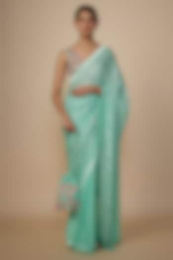 Turquoise Blue Georgette Shantoon Satin Sequins Embroidered Saree Set by Yoshita Couture at Pernia's Pop Up Shop