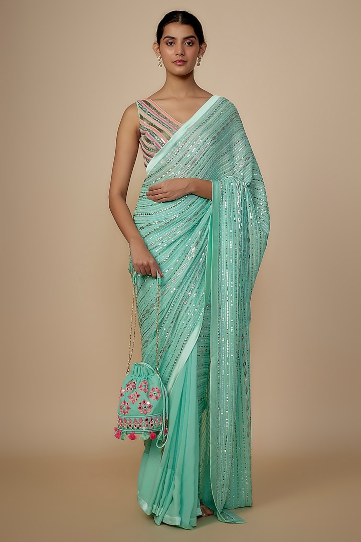 Turquoise Blue Georgette Shantoon Satin Sequins Embroidered Saree Set by Yoshita Couture at Pernia's Pop Up Shop