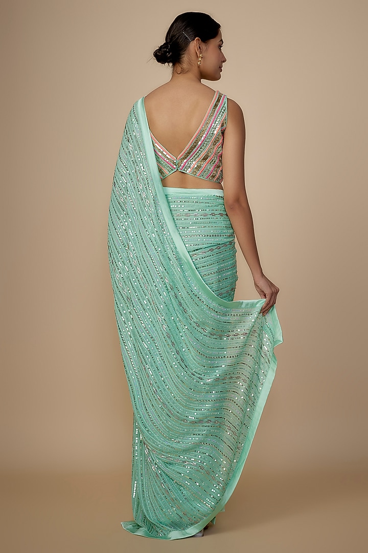 Turquoise Blue Georgette Shantoon Satin Sequins Embroidered Wedding Saree Set by Yoshita Couture at Pernia's Pop Up Shop