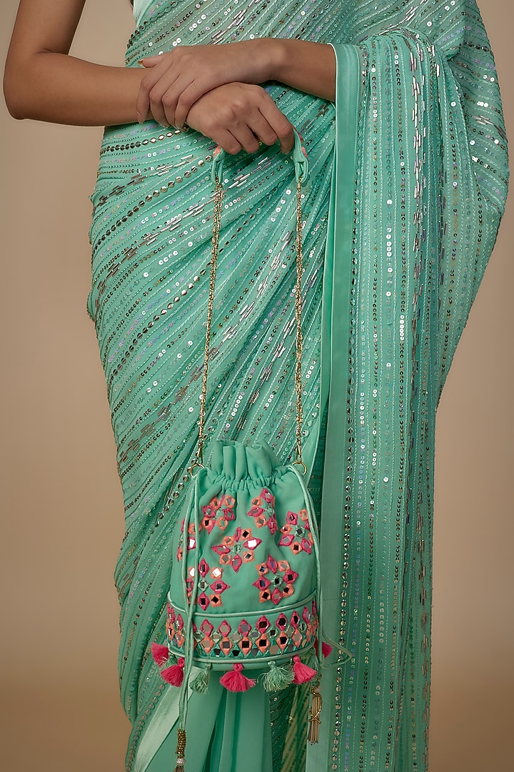 Turquoise Blue Georgette Shantoon Satin Sequins Embroidered Wedding Saree Set by Yoshita Couture at Pernia's Pop Up Shop