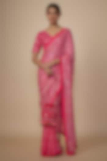 Hot Pink Georgette Shantoon Satin Sequins Embroidered & Tie-Dye Saree Set by Yoshita Couture at Pernia's Pop Up Shop