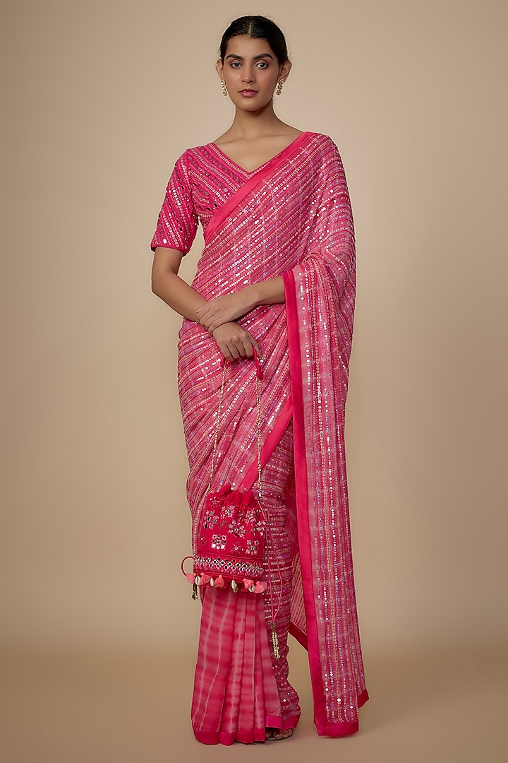 Hot Pink Georgette Shantoon Satin Sequins Embroidered & Tie-Dye Saree Set by Yoshita Couture at Pernia's Pop Up Shop