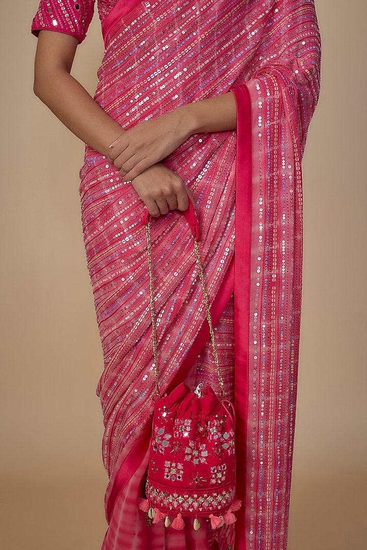 Hot Pink Georgette Shantoon Satin Sequins Embroidered & Tie-Dye Wedding Saree Set by Yoshita Couture at Pernia's Pop Up Shop