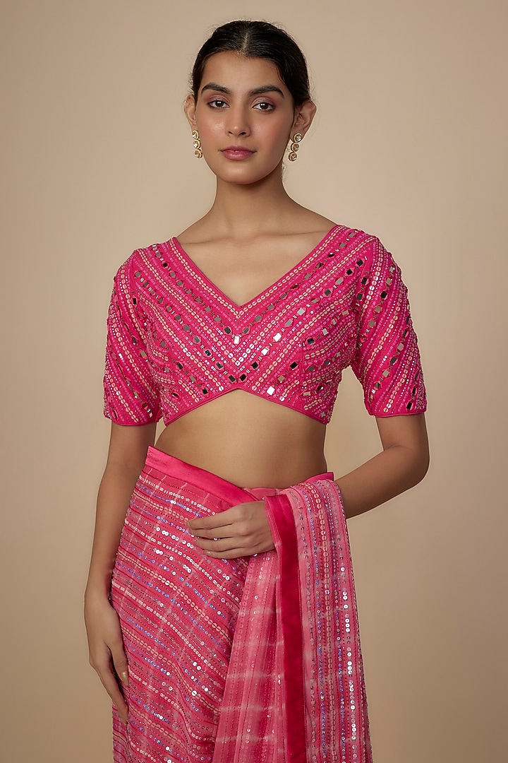 Hot Pink Georgette Shantoon Satin Sequins Embroidered & Tie-Dye Wedding Saree Set by Yoshita Couture at Pernia's Pop Up Shop
