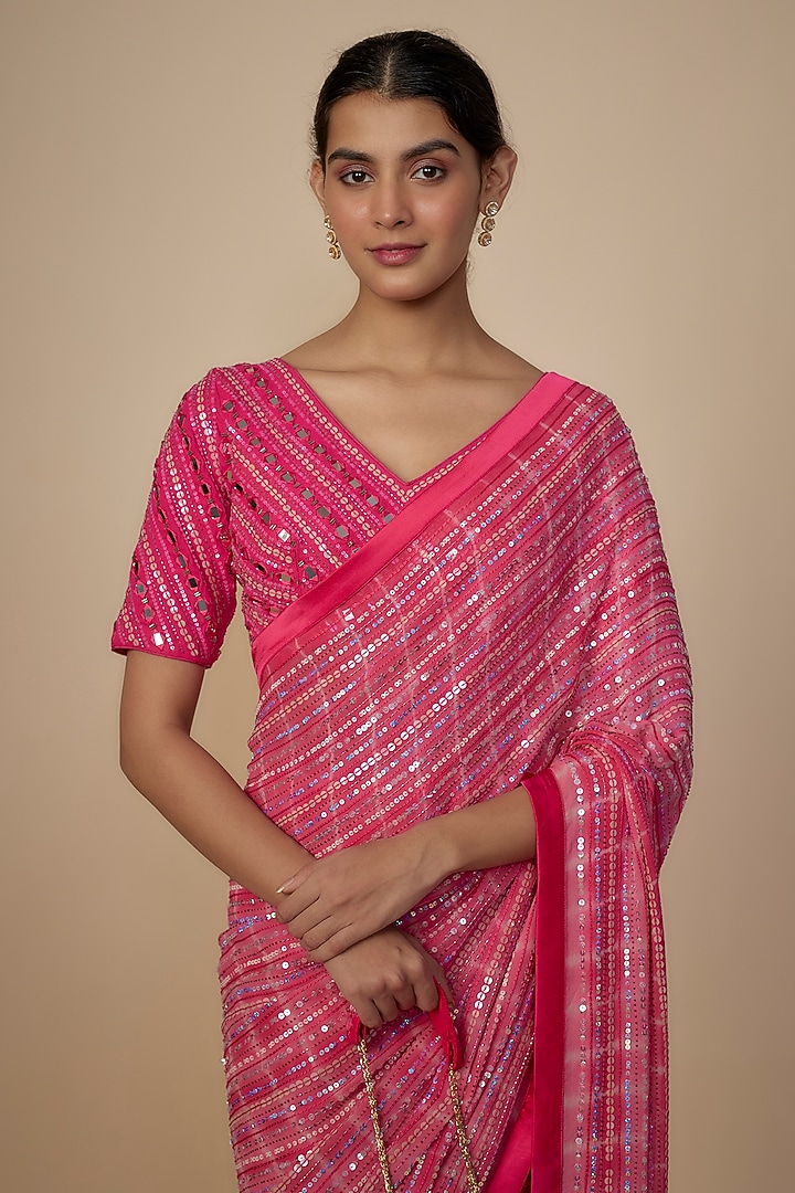 Hot Pink Georgette Shantoon Satin Sequins Embroidered & Tie-Dye Wedding Saree Set by Yoshita Couture at Pernia's Pop Up Shop