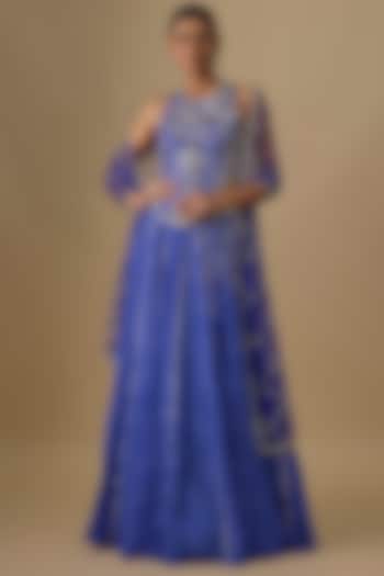 Electric Blue Georgette Leheriya Printed & Mirror Hand Embroidered Wedding Lehenga Set by Yoshita Couture at Pernia's Pop Up Shop