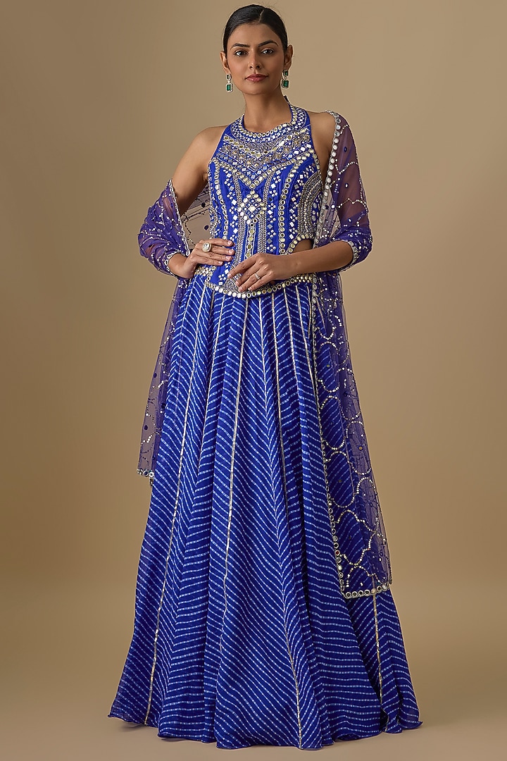 Electric Blue Georgette Leheriya Printed & Mirror Hand Embroidered Wedding Lehenga Set by Yoshita Couture at Pernia's Pop Up Shop