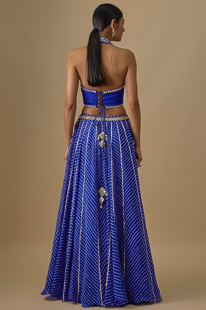 Electric Blue Georgette Leheriya Printed & Mirror Hand Embroidered Wedding Lehenga Set by Yoshita Couture at Pernia's Pop Up Shop