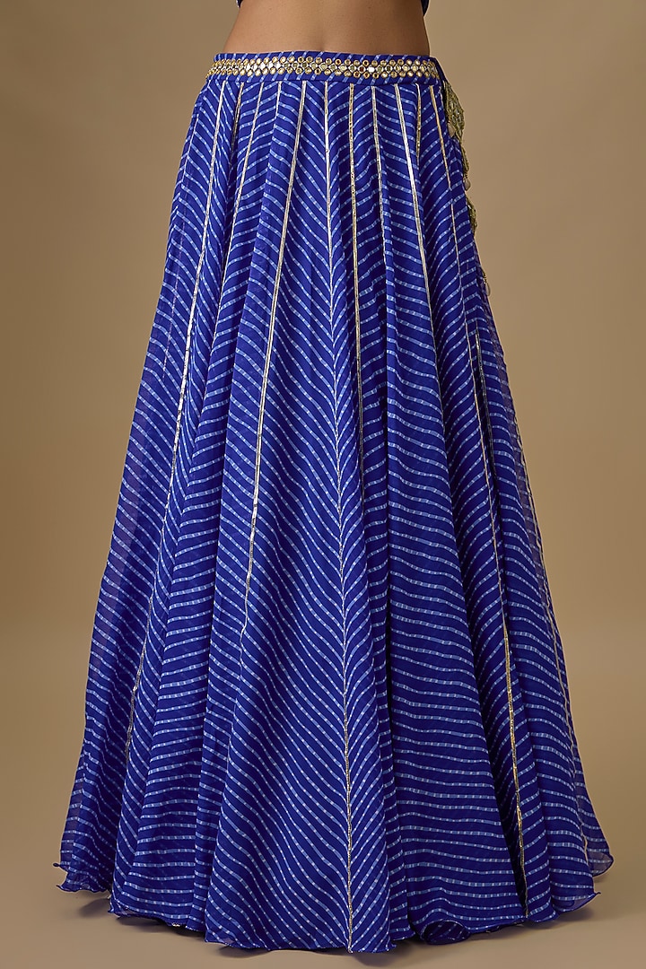 Electric Blue Georgette Leheriya Printed & Mirror Hand Embroidered Wedding Lehenga Set by Yoshita Couture at Pernia's Pop Up Shop