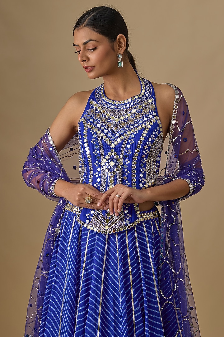 Electric Blue Georgette Leheriya Printed & Mirror Hand Embroidered Wedding Lehenga Set by Yoshita Couture at Pernia's Pop Up Shop