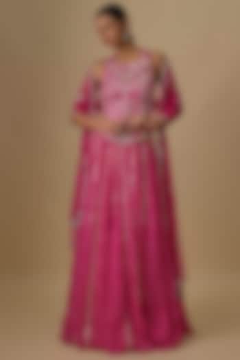 Hot Pink Georgette Leheriya Printed & Mirror Hand Embroidered Wedding Lehenga Set by Yoshita Couture at Pernia's Pop Up Shop