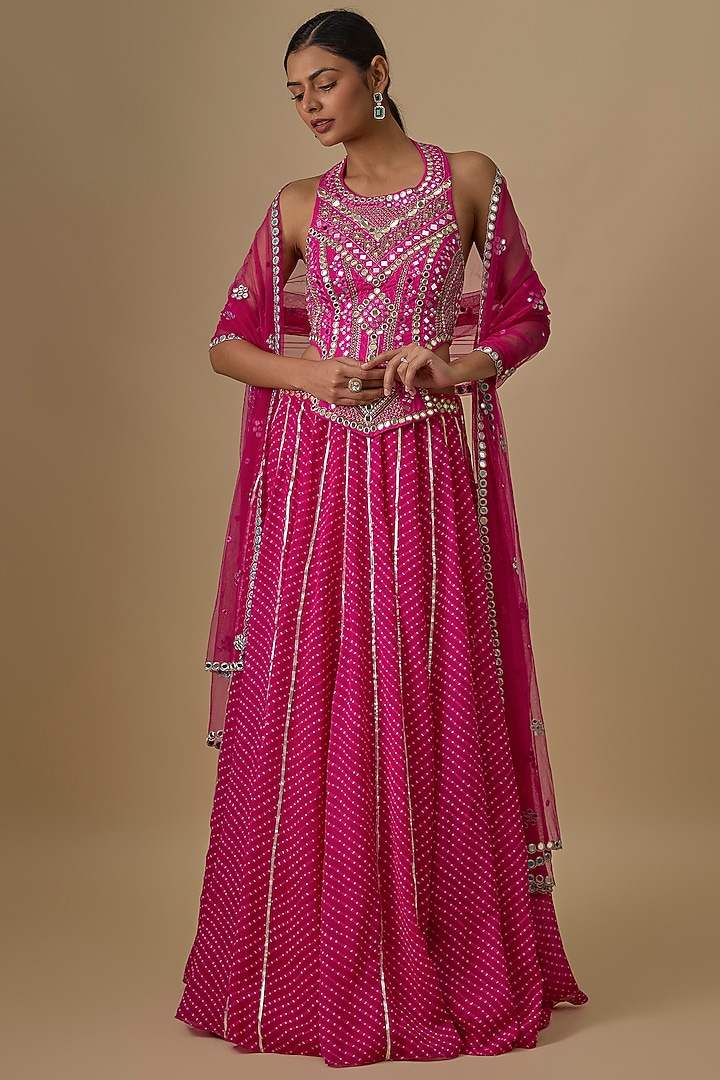 Hot Pink Georgette Leheriya Printed & Mirror Hand Embroidered Wedding Lehenga Set by Yoshita Couture at Pernia's Pop Up Shop