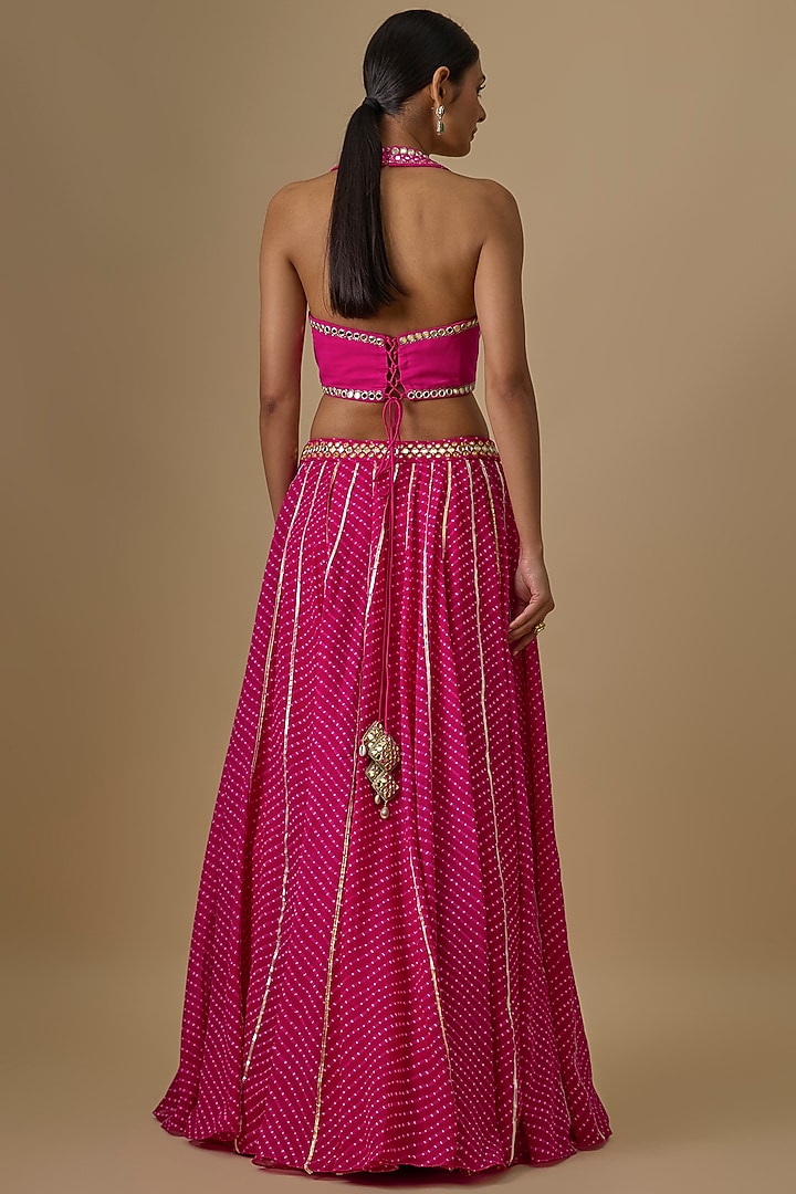 Hot Pink Georgette Leheriya Printed & Mirror Hand Embroidered Wedding Lehenga Set by Yoshita Couture at Pernia's Pop Up Shop