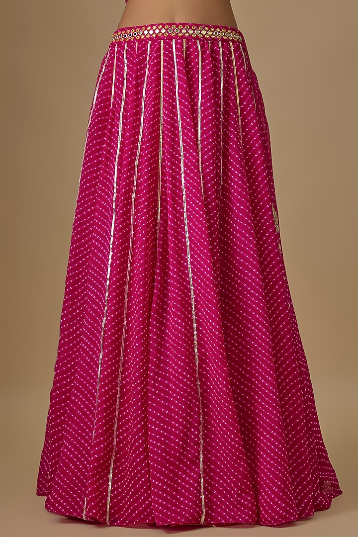 Hot Pink Georgette Leheriya Printed & Mirror Hand Embroidered Wedding Lehenga Set by Yoshita Couture at Pernia's Pop Up Shop