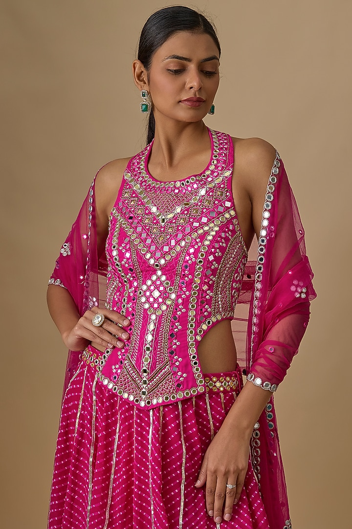 Hot Pink Georgette Leheriya Printed & Mirror Hand Embroidered Wedding Lehenga Set by Yoshita Couture at Pernia's Pop Up Shop