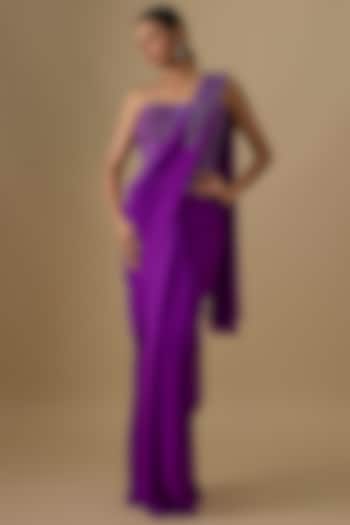 Purple Georgette Sequins Hand Embroidered Pre-Draped Wedding Saree Set by Yoshita Couture at Pernia's Pop Up Shop