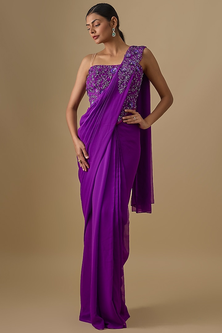 Purple Georgette Sequins Hand Embroidered Pre-Draped Wedding Saree Set by Yoshita Couture at Pernia's Pop Up Shop