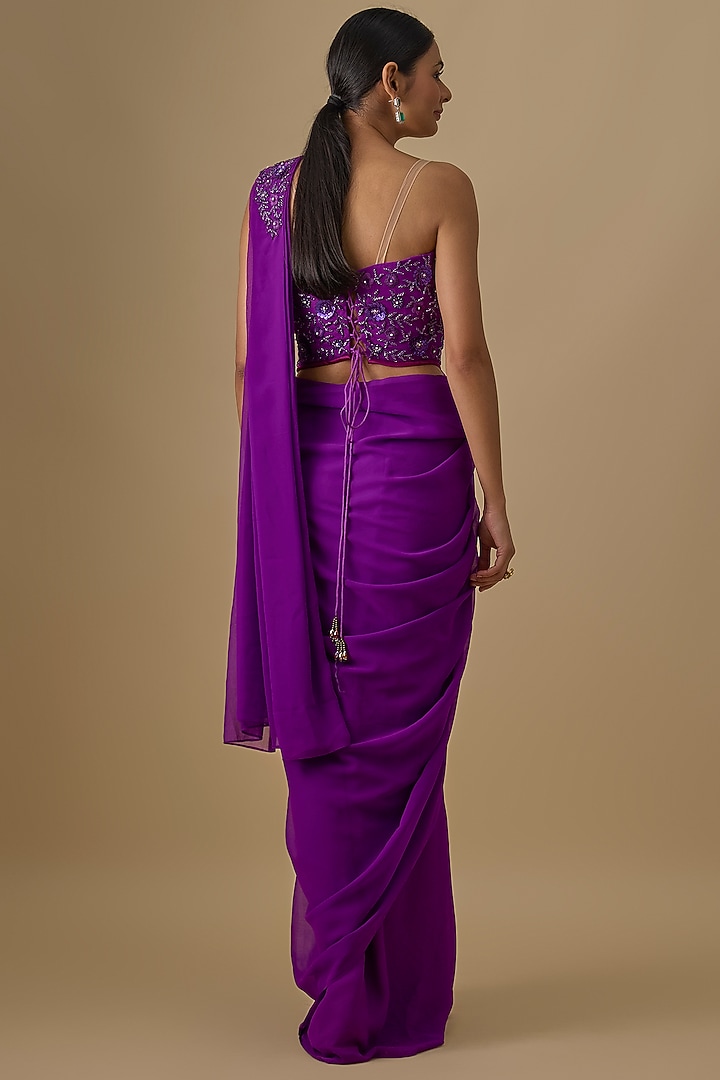 Purple Georgette Sequins Hand Embroidered Pre-Draped Wedding Saree Set by Yoshita Couture at Pernia's Pop Up Shop