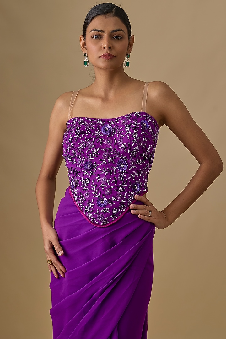 Purple Georgette Sequins Hand Embroidered Pre-Draped Wedding Saree Set by Yoshita Couture at Pernia's Pop Up Shop