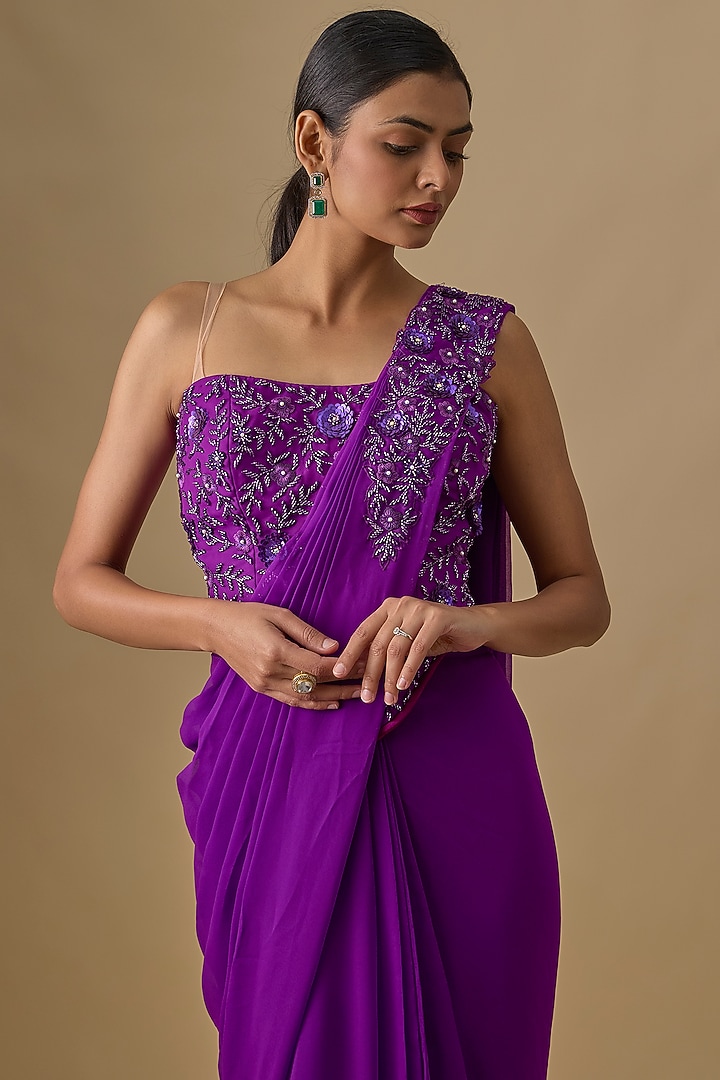 Purple Georgette Sequins Hand Embroidered Pre-Draped Wedding Saree Set by Yoshita Couture at Pernia's Pop Up Shop