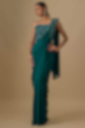 Teal Green Georgette Sequins Hand Embroidered Pre-Draped Wedding Saree Set by Yoshita Couture at Pernia's Pop Up Shop
