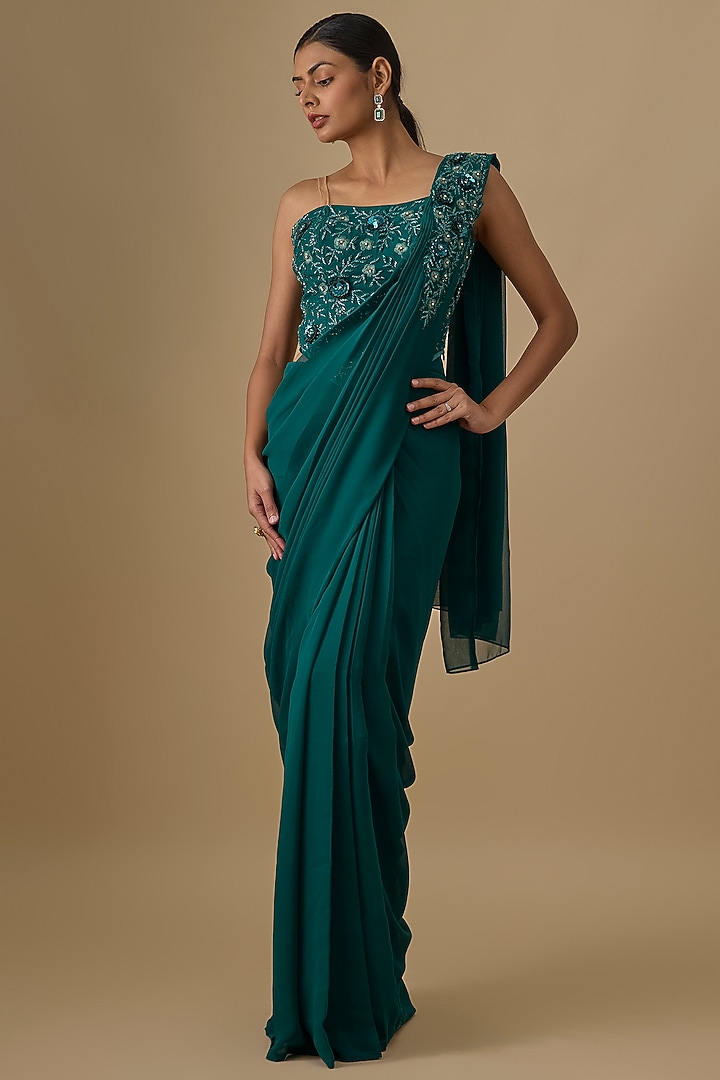 Teal Green Georgette Sequins Hand Embroidered Pre-Draped Wedding Saree Set by Yoshita Couture at Pernia's Pop Up Shop