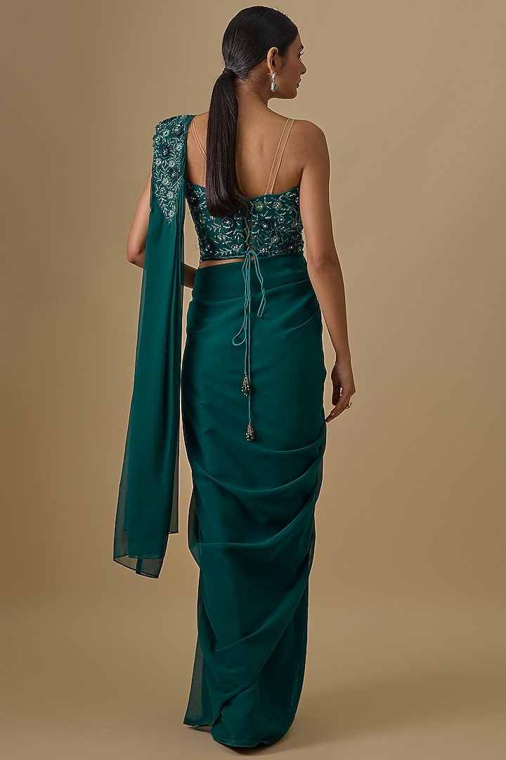 Teal Green Georgette Sequins Hand Embroidered Pre-Draped Wedding Saree Set by Yoshita Couture at Pernia's Pop Up Shop