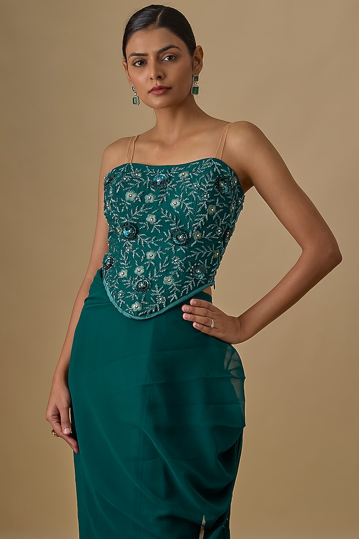 Teal Green Georgette Sequins Hand Embroidered Pre-Draped Wedding Saree Set by Yoshita Couture at Pernia's Pop Up Shop