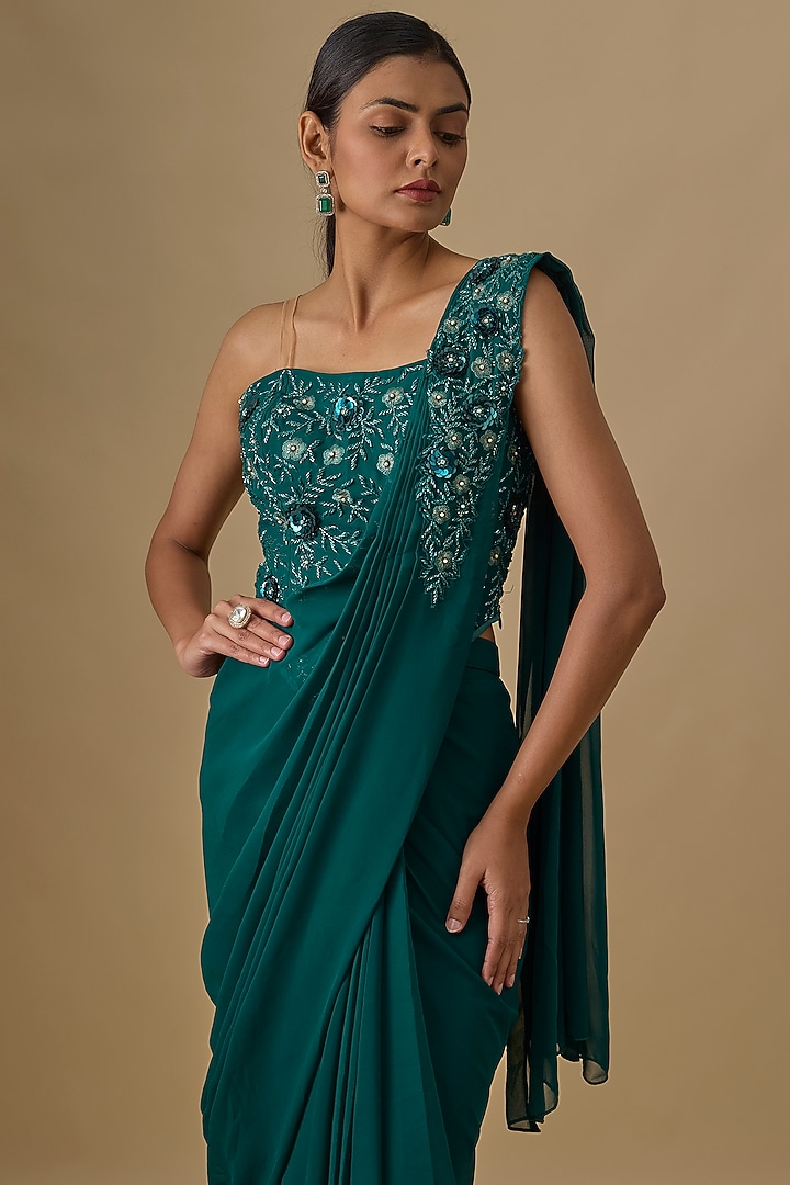 Teal Green Georgette Sequins Hand Embroidered Pre-Draped Wedding Saree Set by Yoshita Couture at Pernia's Pop Up Shop